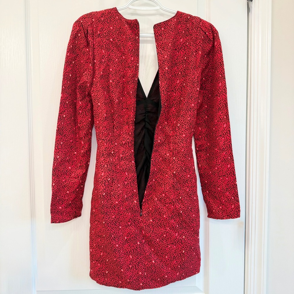 ZARA Red Animal Print Ruched Mini Dress Long Sleeve V Neck Draped Date Night XS - Picture 6 of 10